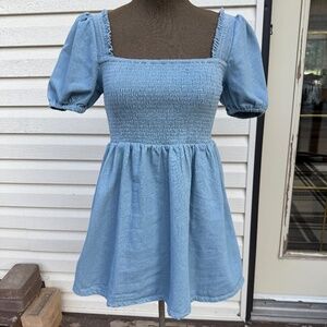 Super Sweet Blue Blush Denim Puff Sleeve Mini Dress